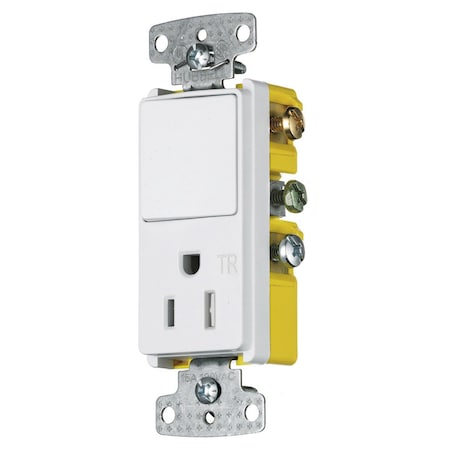 Hubbell Wiring Device-Kellems Switches and Lighting Controls, Combination Devices, Residential Grade, Decorator Series, 1) Single Pole Rocker, 1) Single Tamper Resistant Receptacle, 15A 120V AC, Side Wired RCD108WTR